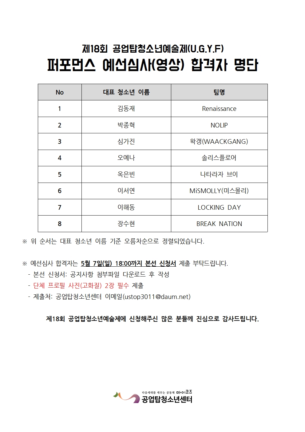 [안내] 18th 공업탑청소년예술제(U.G.Y.F) 예선심사 합격결과 및 본선 안내