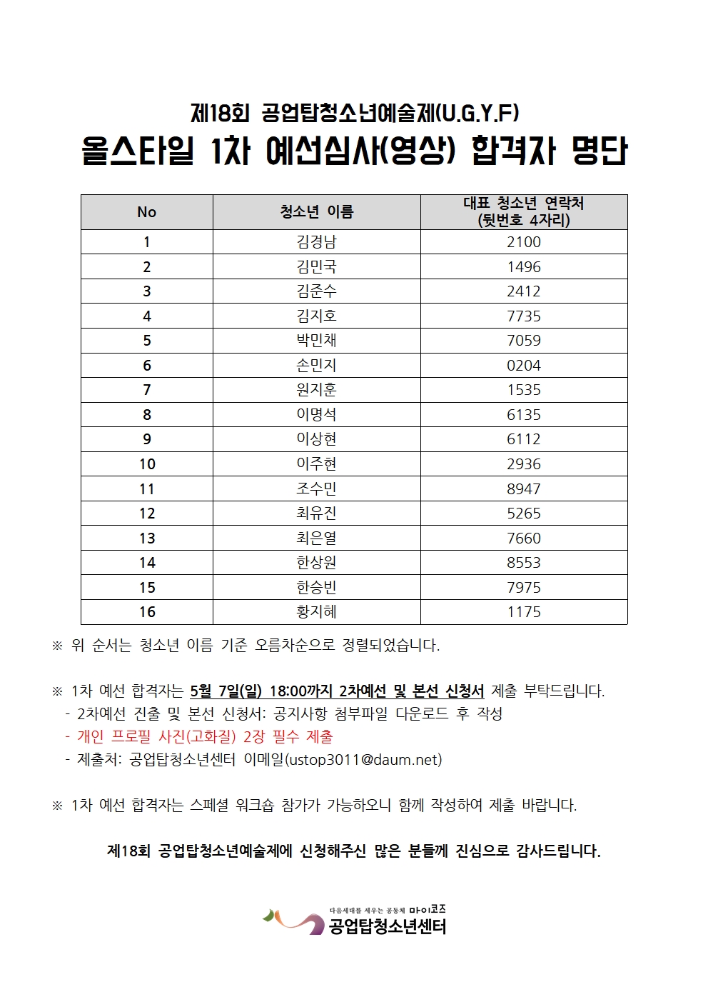 [안내] 18th 공업탑청소년예술제(U.G.Y.F) 예선심사 합격결과 및 본선 안내