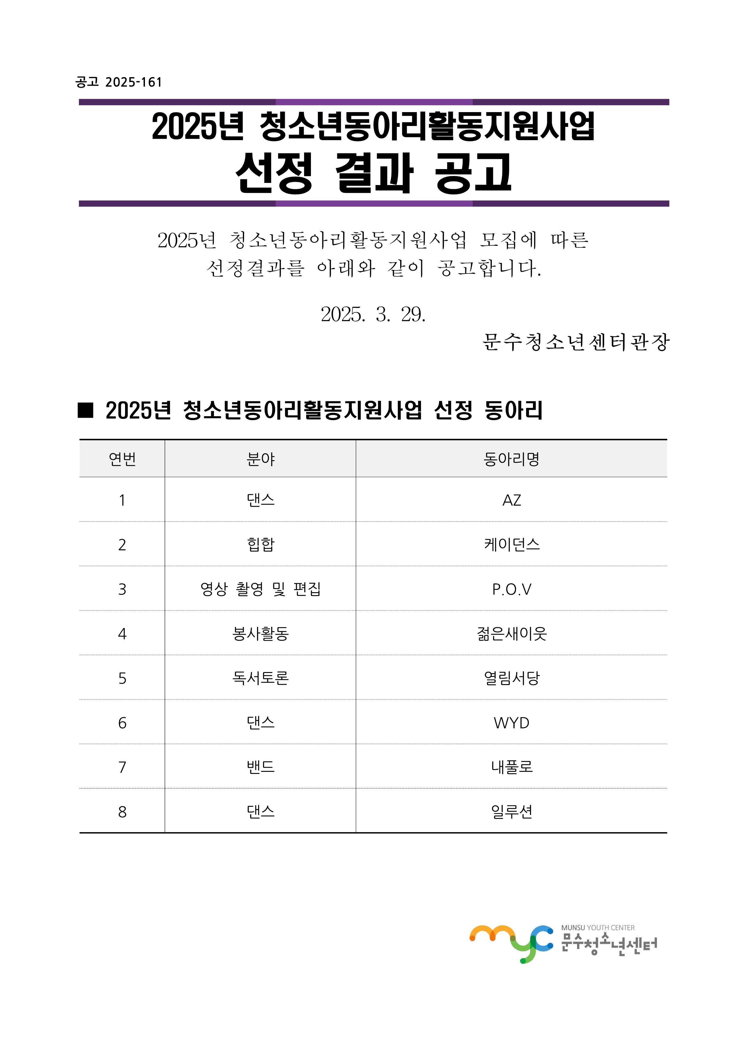 [공고] 2025년 청소년동아리활동지원사업 선정 결과