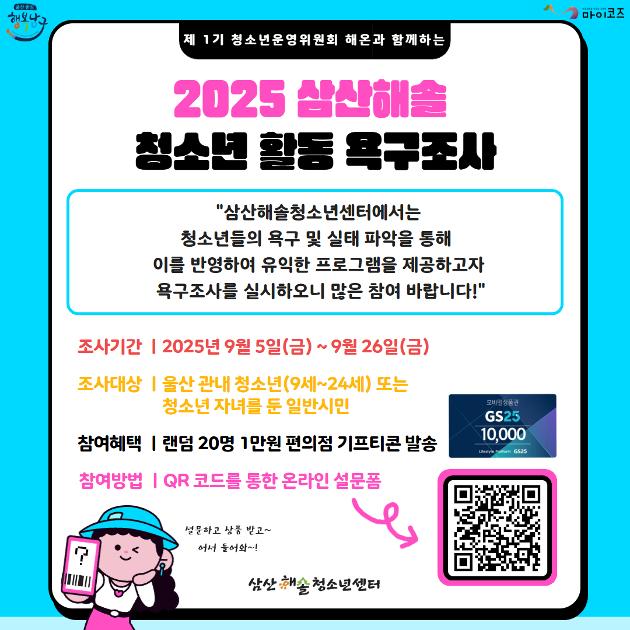 2025 삼산해솔청소년센터 청소년 활동 욕구조사