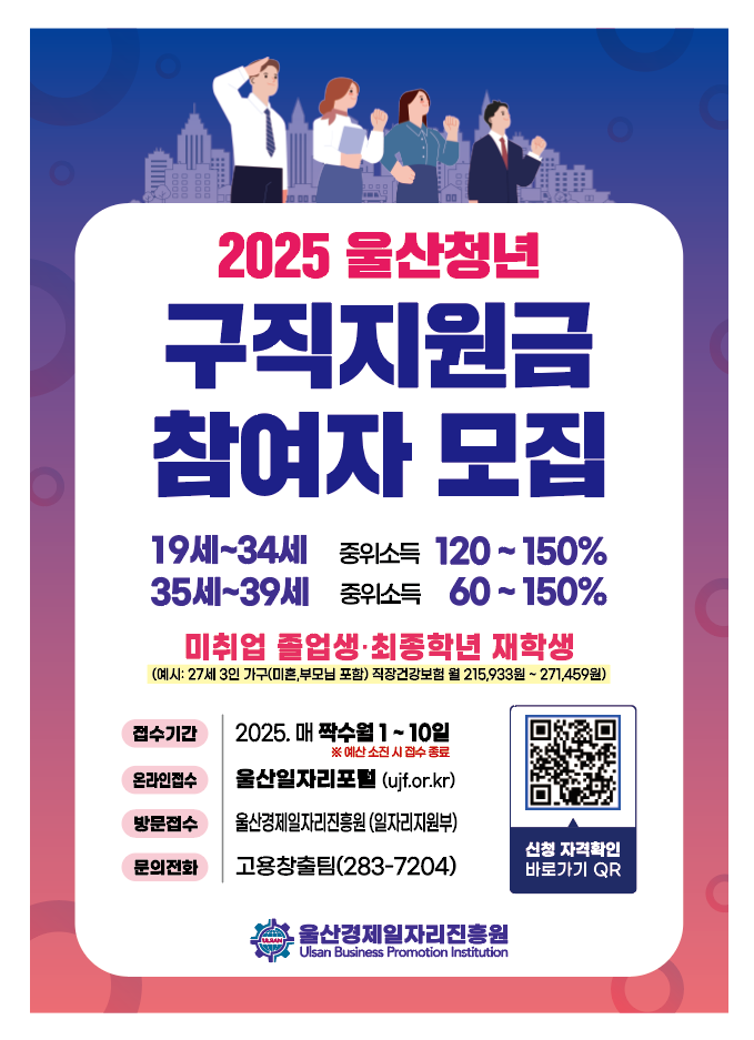 「2025 울산청년 구직지원금」2차 참여자 모집 홍보 