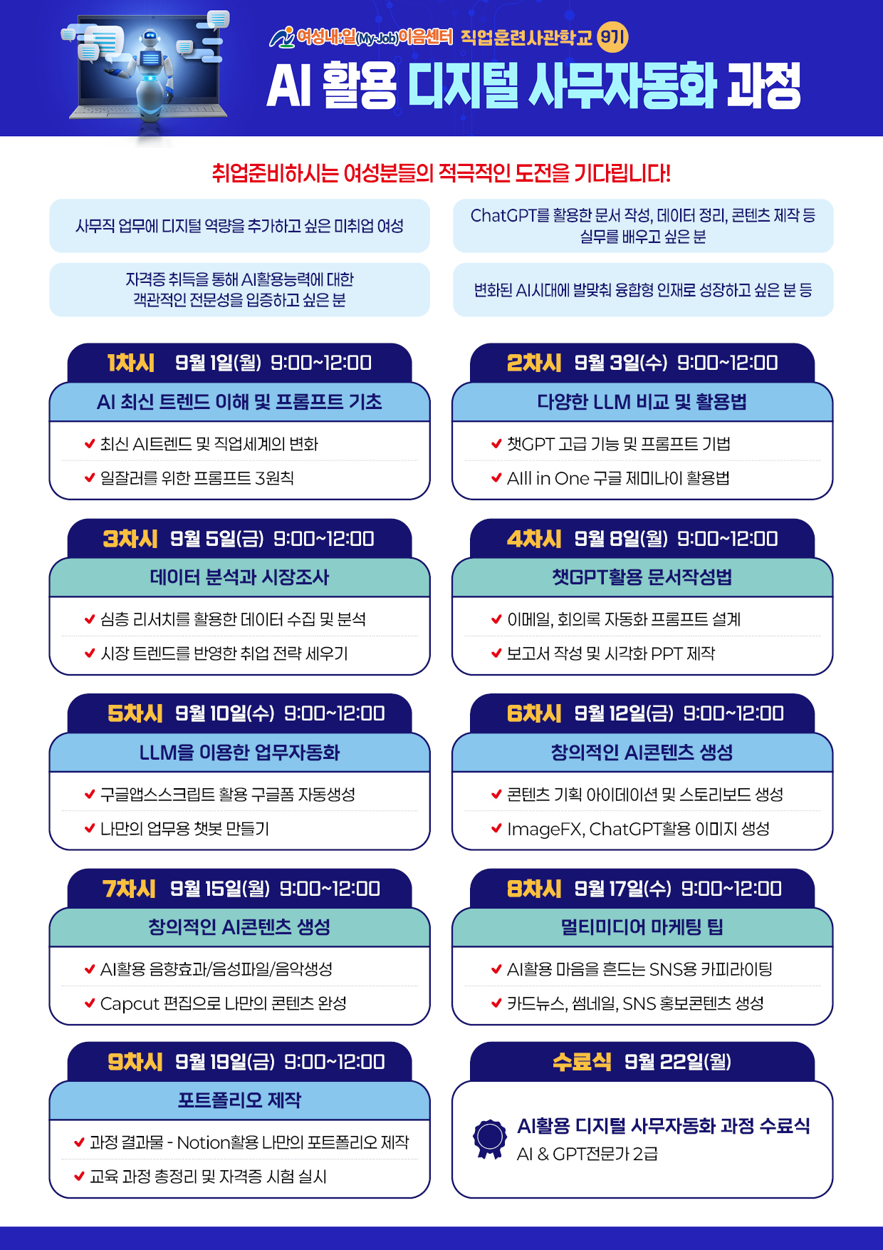 직업훈련사관학교(9기) 「AI활용 디지털 사무자동화 과정」교육생 모집