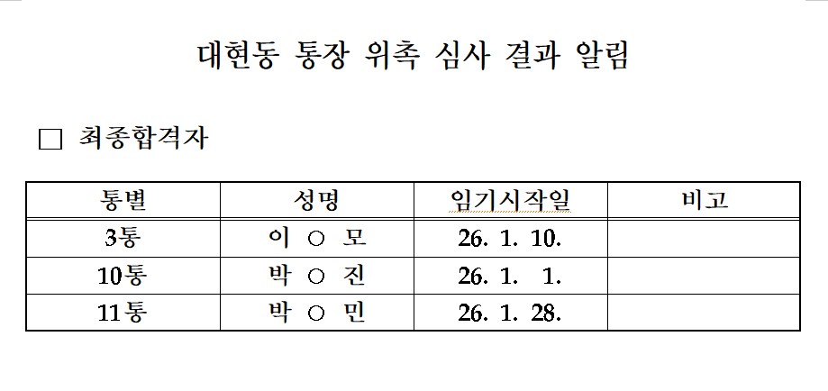 통장 위촉 심사 결과 알림