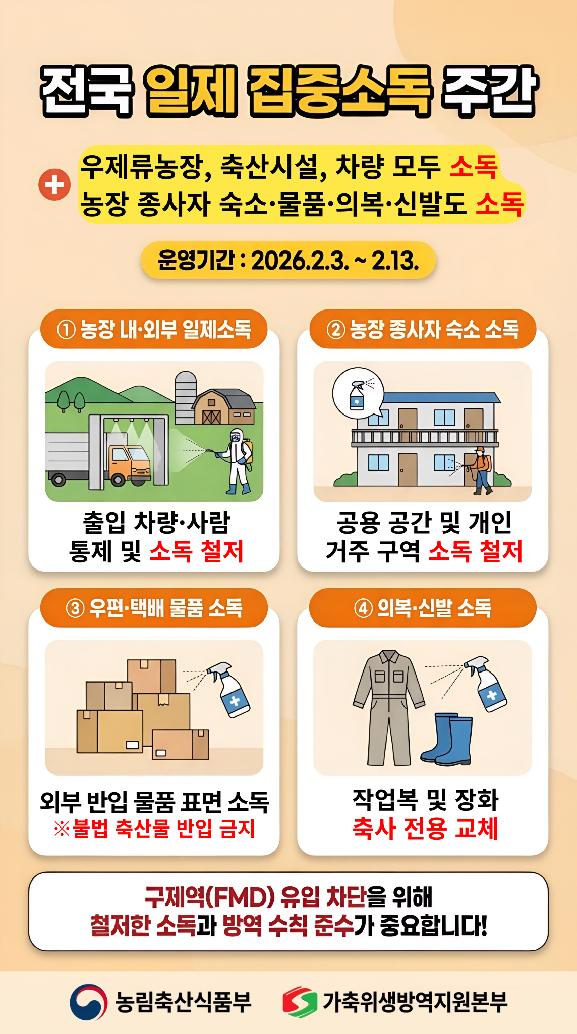 구제역(FMD) 유입 차단을 위한 전국 일제 집중소독 주간 운영 알림