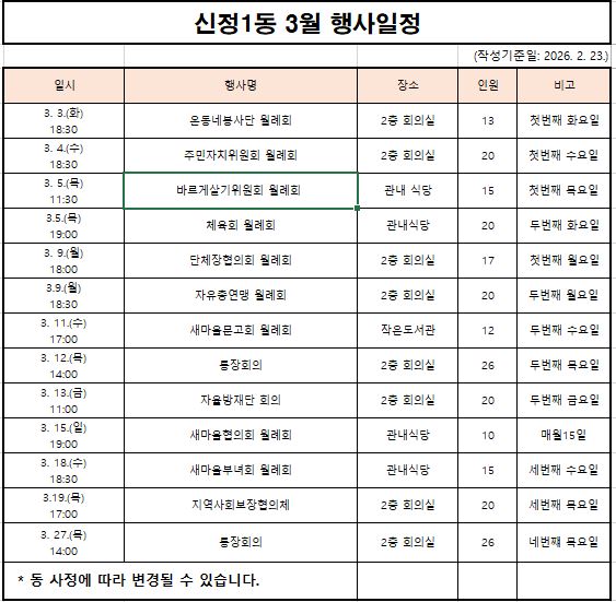 2026년 3월 행사일정 게시