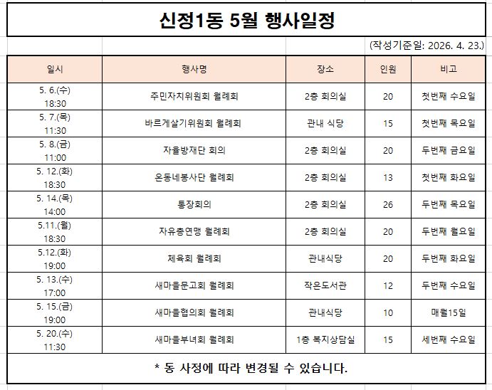 '26년 5월 행사일정 게시