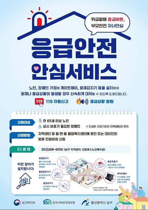 응급안전 안심서비스

노인, 장애인 가정에 게이트웨이, 화재감지기 등을 설치하여 화재나 응급상황이 발생할 경우 신속하게 대처할 수 있도록 도와드립니다.

신청대상: 만 65세 이상 노인, 상시 보호가 필요한 장애인
신청방법: 지역센터 및 읍면동 행정복지센터에 본인 또는 대리인이 방문 및 전화하여 신청
문의: 052-268-6050 (남구 지역센터: 선암호수노인복지관)

