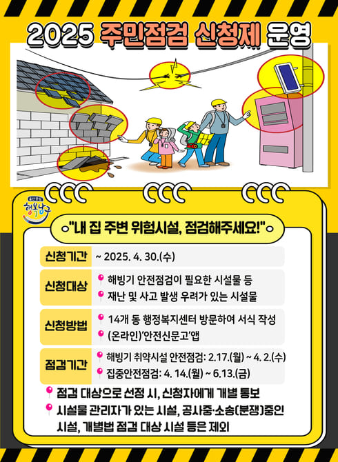 ○ 2025년 ‘주민 점검 신청제’운영
  - 신청기간: 2025. 4. 30.(수)
  - 신청대상
     1. 해빙기 안전점검이 필요한 시설물 등
     2. 재난 및 사고 발생 우려가 있는 시설물
  - 신청방법: 
     1. (오프라인) 14개 동 행정복지센터 방문하여 서식 작성 
     2. (온라인)‘안전신문고’앱
  - 점검기간
     1. 해빙기 취약시설 안전점검: 2.17.(월) ~ 4. 2.(수)
     2. 집중안전점검: 4. 14.(월) ~ 6.13.(금)
  - 점검 대상으로 선정 시, 신청자에게 개별 통보
   ※ 시설물 관리자가 있는 시설, 공사중·소송(분쟁)중인 시설, 개별법 점검 대상 시설 등은 제외