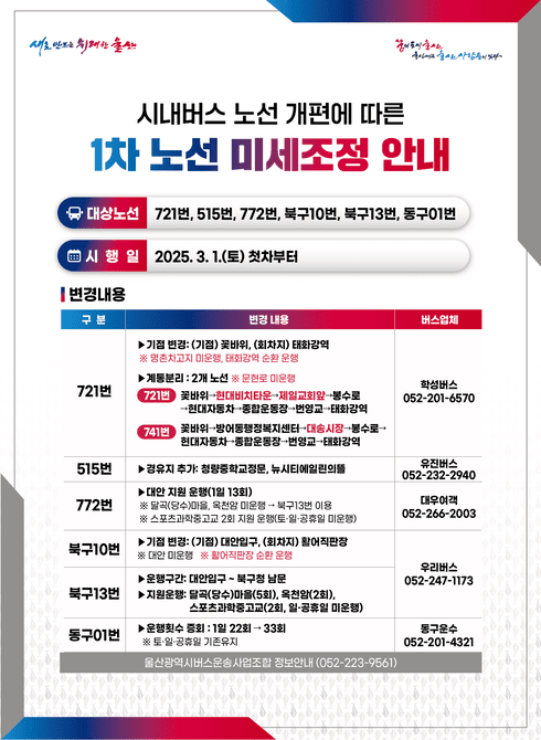 ○ 대상노선: 721, 515, 772, 북구10번, 북구13번, 동구01번
○ 시 행 일: 2025.3.1.(토) 첫차부터
○ 변경내용: 붙임참고