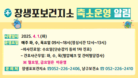 장생포보건지소 축소운영 알림
○ 시행일자: 2025. 4. 1.(화)
○ 운영요일: 매주 화, 수, 목요일(09시~18시)
- 의사진료일: 수요일(단순 감기 등의 1차 진료)
- 간호사근무: 화, 수, 목요일(혈압체크 및 간이혈당검사)
○ 문의처: 장생포보건지소 052-226-2406, 남구보건소 052-226-2410