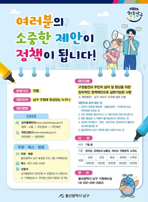 여러분의 소중한 제안이 정책이 됩니다!

○ 운영기간: 연중
○ 제안자격: 남구 구정에 관심있는 누구나
○ 제안방법
- 남구청홈페이지(www.ulsannamgu.go.kr) 참여·소통 → 주민참여 → 구민제안
- 국민신문고(www.epeople.go.kr) 국민제안 → 일반제안
- 우편, 방문: 울산광역시 남구 돋질로 233, 3층 기획예산실
- 팩스: 052-226-5329
- 신청서: 남구홈페이지 전자민원 → 민원안내 → 민원서식 → 기획예산실 → 구민제안 신청서 다운로드 및 작성
○ 제안내용: 구정발전과 주민의 삶의 질 향상을 위한 창의적인 정책제안으로 실현가능한 사항
※ 제한범위: 남구 자치구 사무에 관한 사항