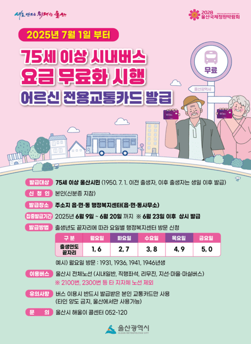 ○ 시행시기 : 2025. 7. 1.(화) 첫 차부터~
○ 대 상 : 75세 이상 울산시민
○ 내 용 : 울산광역시 전체노선
○ 방 법 : 어르신 교통카드 사용시 무료
○ 교통카드발급
- 집중발급기간 : 2025. 6. 9. ~ 6. 20. / 이후 상시발급
- 발급방법 : 주소지 읍면동 행정복지센터에 직접 방문하여 발급
○ 문 의 : 울산시 120 해울이 콜센터 (☏ 052-120)