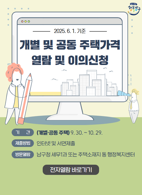 2025. 6. 1. 기준
개별 및 공동 주택가격 열람 및 이의신청

기간 (개별·공동 주택) 9.30. ~ 10.29.
제출방법 인터넷 및 서면제출
방문열람 남구청 세무1과 또는 주택소재지 등 행정복지센터

전자열람 바로가기