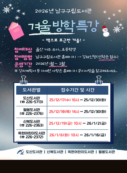 2026년 남구구립도서관 겨울방학특강
？ 책으로 포근한 겨울! ？

참여대상

울산 거주 유아, 초등학생

참여방법

남구구립도서관 홈페이지 → 강좌신청(선착순 접수)

운영기간
2026년 1월 ~ 2월
※ 강의계획서 등 자세한 사항은 홈페이지 공지사항을 참고해주세요.

도서관별 접수기간 및 시간

도산도서관 (☎ 226-5713)
25/12/17(수) 10시 ~ 25/12/30(화)

월봉도서관 (☎ 226-2376)
25/12/18(목) 14시 ~ 25/12/30(화)

신복도서관 (☎ 226-2363)
25/12/19(금) 10시 ~ 26/1/2(금)

옥현어린이도서관 (☎ 226-2372)
26/1/6(화) 10시 ~ 26/1/16(금)