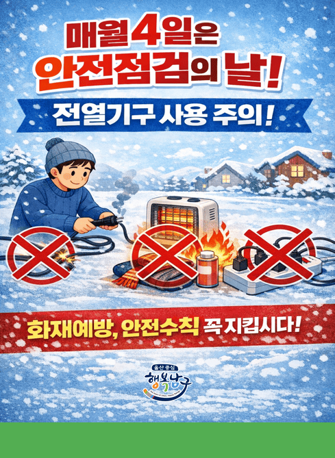 매월 4일은 안점점검의 날
전열기구 사용 주의
화재예방, 안전수칙 꼭 지킵시다!