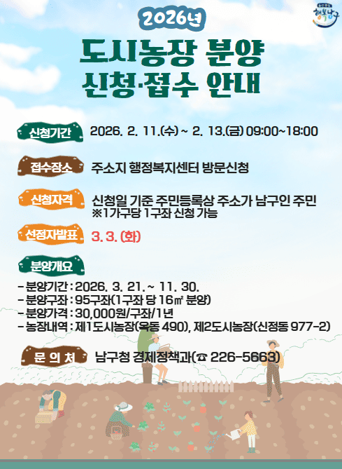 1. 신청기간 : 2. 11.(수) ~ 2. 13.(금) [3일간] 09:00~18:00
2. 신청자격 : 신청일 기준 주민등록상 주소가 남구인 주민 1세대 1구좌 신청 원칙 
- 분양금액 : 1구좌 30,000원 ※ 선정된 후 현금납부
4. 접수장소 : 주소지 동 행정복지센터 방문신청 
- 지참서류 : 신청서 1부, 신분증 지참
5. 선정자 발표 : 3. 3.(화) 남구청 홈페이지 게시
6. 분양개요
 - 분양기간 : 2026. 3. 21. ~ 11. 30.
 - 분양구좌 : 95구좌(구좌 규모 16㎡ 내외)
 - 분양가격 : 30,000원/구좌/1년
 - 농장내역 : 제1도시농장(옥동 490), 제2도시농장(신정동 977-2)
6. 문 의 : 남구청 경제정책과(☎226-5663)