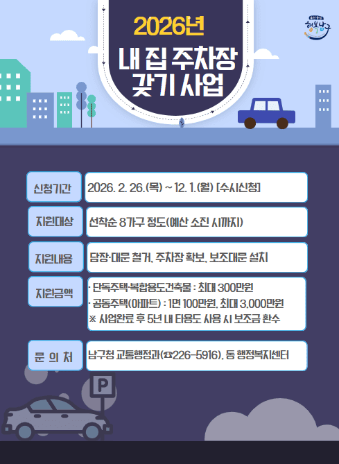 ○ 신청기간 : 2026. 2. 26.(목) ~ 12. 1.(월)〔수시신청〕

○ 지원대상 : 선착순 8가구 정도(예산 소진 시까지)
                     - 단독주택(다가구), 공동주택(다세대, 연립주택, 아파트), 복합용도 건축물

○ 지원내용 : 담장·대문 철거, 주차면 확보, 보조대문 설치(나무펜스 등)

○ 지원금액
- 단독주택·복합용도건축물 : 최대 300만원
- 공동주택(아파트) : 1면 100만원, 최대 3,000만원
※ 사업완료 후 5년內 타용도 사용시 보조금 환수

○ 문 의 처 : 남구청 교통행정과(☎226-5916) 및 동 행정복지센터)

○ 자세한 사항은 첨부파일의 홍보문을 참고해주시기 바랍니다.