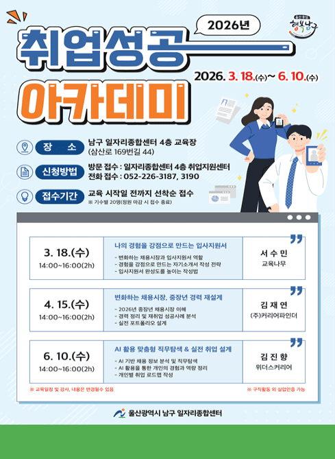 2026년 취업성공 아카데미

2026. 3. 18.(수) ~ 6. 10.(수)

장소

남구 일자리종합센터 4층 교육장
(삼산로 169번길 44)

신청방법

방문 접수 : 일자리종합센터 4층 취업지원센터
전화 접수 : 052-226-3187, 3190

접수기간

교육 시작일 전까지 선착순 접수
※ 기술 20명(정원) 마감 시 접수 종료

교육 일정
3. 18.(수) 14:00~16:00 (2h)

나의 경험을 성공으로 만드는 입사지원서

변화하는 채용시장과 입사지원서 역할

경험을 강점으로 만드는 자기소개서 작성 전략

입사지원서 완성도를 높이는 작성법

강사 : 서수민 (교육나무)

4. 15.(수) 14:00~16:00 (2h)

변화하는 채용시장, 중장년 경력 재설계

2026년 중장년 채용시장 이해

경력 정리 및 재취업 성공사례 분석

실전 포트폴리오 설계

강사 : 김재연 ((주)커리어파인더)

6. 10.(수) 14:00~16:00 (2h)

AI 활용 맞춤형 직무탐색 & 실전 취업 설계

AI 기반 분석 및 직무탐색

AI 활용을 통한 개인 경험과 역량 정리

개인 취업 로드맵 작성

강사 : 김진향 (위더스커리어)

※ 교육일정 및 강사, 내용은 변경될 수 있음
※ 구직활동 실적 인정 가능

울산광역시 남구 일자리종합센터