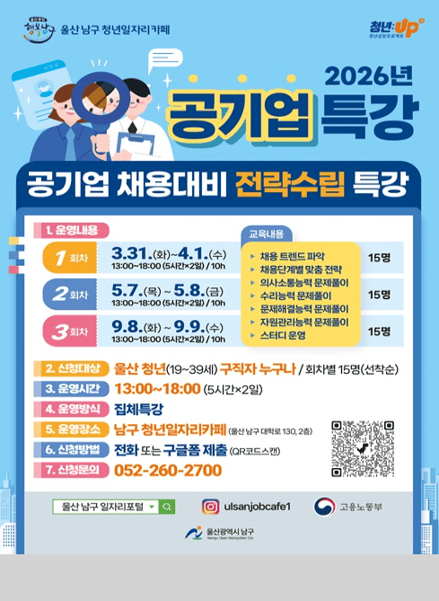 행복한 울산남구 청년일자리카페
청년-UP 청년성장프로젝트

2026년 공기업 특강


공기업 채용대비 전략수립 특강

1. 운영내용

1회차
3.31.(화) ~ 4.1.(수)
13:00~18:00 (5시간×2일) / 10h

2회차
5.7.(목) ~ 5.8.(금)
13:00~18:00 (5시간×2일) / 10h

3회차
9.8.(화) ~ 9.9.(수)
13:00~18:00 (5시간×2일) / 10h

교육내용 (각 15명)
채용 트렌드 파악
채용단계별 맞춤 전략
의사소통능력 문제풀이
수리능력 문제풀이
문제해결능력 문제풀이
자원관리능력 문제풀이
스터디 운영
2. 신청대상

울산 청년(19~39세) 구직자 누구나 / 회차별 15명(선착순)

3. 운영시간

13:00~18:00 (5시간×2일)

4. 운영방식

집체특강

5. 운영장소

남구 청년일자리카페
(울산 남구 대학로 130, 2층)

6. 신청방법

전화 또는 구글폼 제출 (QR코드 스캔)

7. 신청문의

052-260-2700

울산 남구 일자리포털
인스타그램 @ulsanjobcafe1
고용노동부
울산광역시 남구
