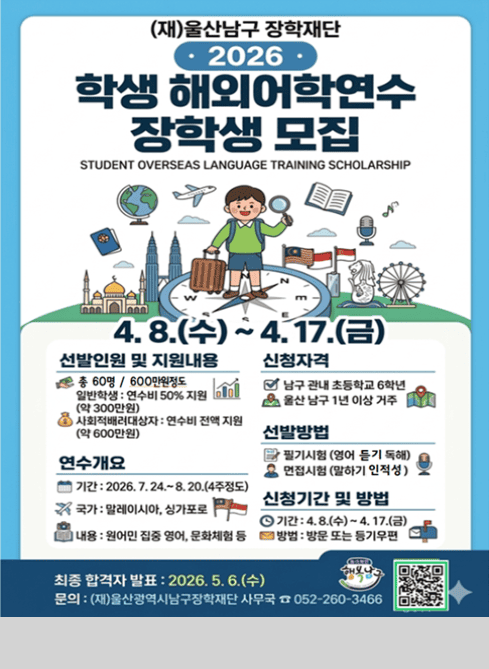 (재)울산남구 장학재단

2026 학생 해외어학연수 장학생 모집

STUDENT OVERSEAS LANGUAGE TRAINING SCHOLARSHIP

접수기간: 2026. 4. 8.(수) ~ 4. 17.(금)

■ 선발인원 및 지원내용

총 60명 / 600만원

일반학생: 연수비 50% 지원 (약 300만원)

사회적배려대상자: 연수비 전액 지원 (약 600만원)

■ 신청자격

남구 관내 초등학교 6학년

울산 남구 1년 이상 거주

■ 연수개요

기간: 2026. 7. 24. ~ 8. 20. (4주)

국가: 말레이시아, 싱가포르

내용: 원어민 집중 영어, 문화체험 등

■ 선발방법

필기시험 (영어 듣기, 독해)

면접시험 (말하기, 인적성)

■ 신청기간 및 방법

기간: 2026. 4. 8.(수) ~ 4. 17.(금)

방법: 방문 또는 등기우편

■ 최종 합격자 발표

2026. 5. 6.(수)

■ 문의

(재)울산광역시 남구 장학재단 사무국
☎ 052-260-3466