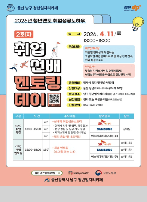 울산 남구 청년일자리카페

2026년 청년멘토 취업성공노하우 1회차

취업선배 멘토링 데이

？ 2026. 3. 21.(토) 13:00~18:00

■ 주요내용

[취업특강]
기관별 인재상에 부합하는 효율적인 취업 준비노하우 및 핵심 전략 전수, 취업 성공스토리

[멘토링]
맞춤형 자기소개서 및 면접 대응법, 현장실무이해도를 바탕으로 취업전략 수정

■ 운영방법

집체식 특강 및 맞춤 멘토링

■ 신청대상

울산 청년(19세~39세) 구직자 10명

■ 세부내용
(1부) 취업특강

일시: 3.21.(토) 13:00~15:00

내용

선배의 취업성공스토리

현직자 직무 및 업무, 하루일과

현장 경험 및 실무 지식 설명

자기소개서 및 면접 준비방법

질의응답 및 네트워킹

장소: 강의실

(2부) 개별 멘토링

일시: 3.21.(토) 15:00~18:00

내용: 개별 멘토링 (소그룹 또는 1:1)

장소: 스터디룸3, 4, 6, 7

■ 참여멘토

한국전력공사

국민건강보험

현대자동차(연구원)

현대자동차(기술지원)

■ 운영장소

남구 청년일자리카페 (울산 남구 대학로 130, 2층)

■ 신청방법

전화 또는 구글폼 제출(QR코드 스캔)

■ 신청문의

☎ 052-260-2700

■ 기타

울산 남구 일자리포털

인스타그램: ulsanjobcafe1

고용노동부

울산광역시 남구 청년일자리카페