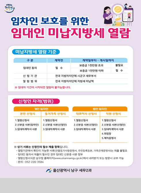 임차인 보호를 위한

임대인 미납지방세 열람
미납지방세 열람 기준

구분 | 계약전 | 계약일부터 ~ 개시일까지

임대인 동의
계약전: 필수
계약일부터~개시일까지
· 보증금 1천만원 초과: 불필요
· 보증금 1천만원 이하: 필수
신청기관
전국 지방자치단체 시군구 세무부서
열람범위
전국 지방자치단체 지방세 미납액

※ 임대차 기간이 시작되면 열람이 불가능합니다.

신청인 자격(범위)
개인 임차인

[본인 신청시]

열람신청서
신분증 사본(임차인)
임대차계약서 사본

[동거가족 신청시]

열람신청서
신분증 사본(신청인)
임대차계약서 사본
법인 임차인

[대표이사 신청시]

열람신청서
신분증 사본(신청인)
임대차계약서 사본

[직원 신청시]

열람신청서
신분증 사본(신청인)
임대차계약서 사본
위임장
재직증명서

※ 상기 서류는 신청인의 필수 제출 항목입니다.

열람기관에서 확인이 가능한 서류(건물등기사항증명서, 주민등록등본, 가족관계증명서)는 제출 불필요
임대인 동의서 제출이 필수인 경우 임대인 신분증 사본 첨부
열람신청서는 남구청 홈페이지(www.ulsannamgu.go.kr)에서
 내려받기 또는 방문 시 교부 가능
문의 : 052-226-3584

울산광역시 남구 세무2과
