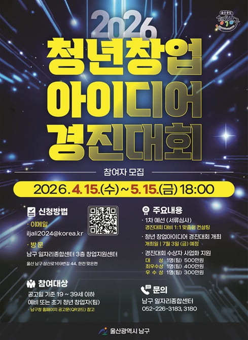 2026 청년창업 아이디어 경진대회

참여자 모집
？？ 2026. 4. 15.(수) ~ 5. 15.(금) 18:00

？？ 신청방법
이메일: iijali2024@korea.kr
방문: 남구 일자리종합센터 3층 창업지원센터
(울산 남구 삼산로169번길 44, 한전 맞은편)
？？ 주요내용
1차 예선 (서류심사)
→ 경진대회 대비 1:1 맞춤형 컨설팅
청년 창업아이디어 경진대회 개최
→ 개최일: 7월 3일(금) 예정
경진대회 수상자 사업화 지원
대상: 1명(팀) 500만원
최우수상: 1명(팀) 400만원
우수상: 1명(팀) 300만원
？？ 참여대상
공고일 기준 19 ~ 39세 이하
예비 또는 초기 청년 창업자(팀)
※ 남구청 홈페이지 공고문(QR코드) 참고
？？ 문의

남구 일자리종합센터
☎ 052-226-3183, 3180