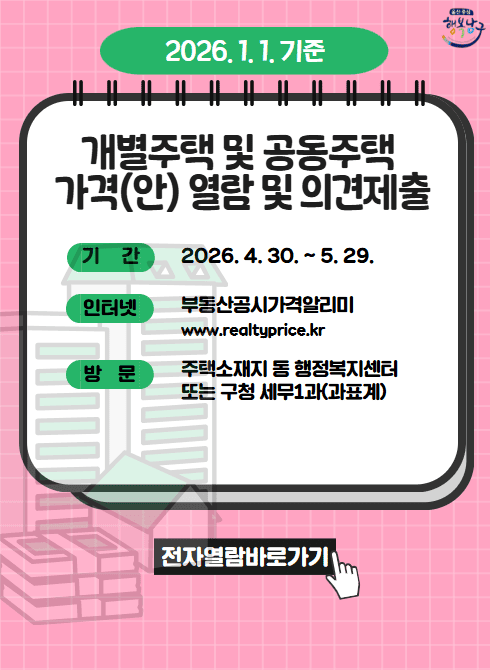 2026. 1. 1. 기준
개별주택 및 공동주택 가격(안) 열람 및 의견제출

기간 : 2026. 4. 30. ~ 5. 29.

인터넷 : 부동산공시가격알리미 www.realtyprice.kr

방문 : 주택소재지 동 행정복지센터 또는 구청 세무1과 과표계

전자열람바로가기