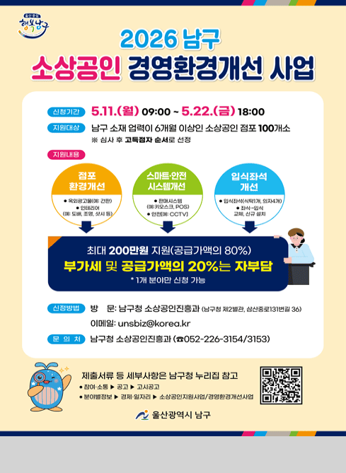 2026 남구
소상공인 경영환경개선 사업

신청기간
5.11.(월) 09:00 ~ 5.22.(금) 18:00

지원대상
남구 소재 업력이 6개월 이상인 소상공인 점포 100개소
※ 심사 후 고득점자 순서로 선정

지원내용

점포 환경개선

옥외광고물(예: 간판)
인테리어(예: 도배, 조명, 샷시 등)

스마트·안전 시스템개선

판매시스템(예: 키오스크, POS)
안전예: CCTV

입식좌석 개선

입식좌석(식탁1개, 의자4개)
좌식→입식 교체, 신규 설치

최대 200만원 지원(공급가액의 80%)
부가세 및 공급가액의 20%는 자부담

1개 분야만 신청 가능

신청방법
방 문: 남구청 소상공인진흥과
(남구청 제2별관, 삼산중로131번길 36)

이메일: unsbiz@korea.kr

문 의 처
남구청 소상공인진흥과 (☎052-226-3154/3153)

제출서류 등 세부사항은 남구청 누리집 참고

참여·소통 ▶ 공고 ▶ 고시공고
분야별정보 ▶ 경제·일자리 ▶ 소상공인지원사업/경영환경개선사업

울산광역시 남구