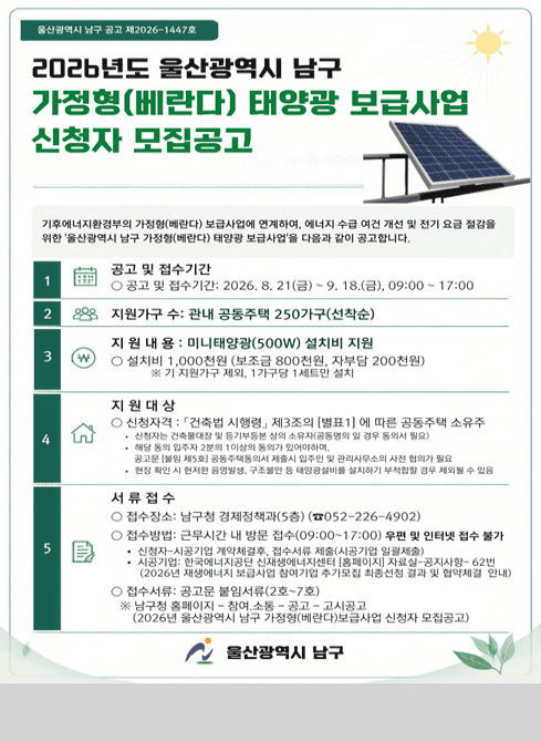 울산광역시 남구 공고 제2026-1447호

2026년도 울산광역시 남구 가정형(베란다)태양광 보급사업 신청자 모집공고

기후에너지환경부의 가정형(베란다) 보급사업에 연계하여, 에너지 수급 여건 개선 및 전기 요금 절감을 위한
'울산광역시 남구 가정형(베란다) 태양광 보급사업'을 다음과 같이 공고합니다.

1. 공고 및 접수기간: 2026.8.21.(금)~9.18.(금) 09:00~17:00

2. 지원가구 수: 관내 공동주택 250가구(선착순)

3. 지원내용: 미니태양광(500w)설치비 지원
 - 설치비: 1,000천원(보조금 800천원, 자부담 200천원)
 ※ 기 지원가구 제외, 1가구당 1세트만 설치

4. 신청자격: 「건축법 시행령」제3조의 [별표1]에 따른 공동주택 소유주
 - 신청자는 건축물대장 및 등기부등본 상의 소유자(공동명의 일 겨우 동의서 필요)
 - 해당 동의 입주자 2분의 1이상의 동의가 있어야하며, 공고문 [붙임제5호]공동주택동의서 제출시 입주민 및 관리사무소의 사전 협의가 필요
 - 현장 확인 시 현저한 음영발생, 구조불안 등 태양광설비를 설치하기 부적합할 경우 제외될 수 있음

5. 서류접수
 - 접수장소: 남구청 경제정책과(5층))(☎052-226-4902)
 - 접수방법: 근무시간 내 방문접수(09:00~17:00) 우편 및 인터넷 접수 불가
   신청자-시공기업 계약체결 후 접수서류 제출(시공기업 일괄제출)
  시공기업: 한국에너지공단 신재생에너지센터 [홈페이지] 자료실-공지사항-62번
(2026년 재생에너지 보급사업 참여기업 추가모집 최종선정 결과 및 협약체결 안내)

 - 접수서류: 공고문 붙임서류(2호~7호)
  ※ 남구청 홈페이지-참여.소통-공고-고시공고
(2026년 울산광역시 남구 가정형(베란다)보급사업 신청자 모집공고)

울산광역시 남구
