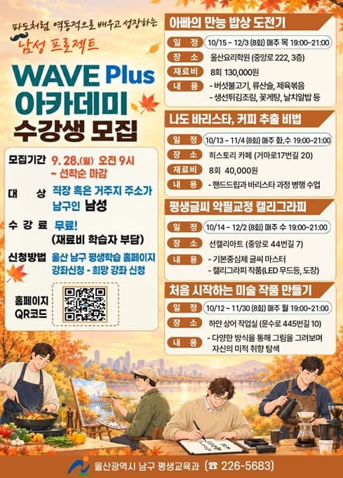 
파도처럼 역동적으로 배우고 성장하는
남성 프로젝트

WAVE Plus 아카데미 수강생 모집
모집기간: 9. 28.(월) 09:00 ~ 선착순 마감
대상 : 직장 혹은 거주지 주소가 남구인 남성
수강료 : 무료(재료비 일부 학습자 부담)
신청방법 : 남구 평생학습 홈페이지 강좌신청


[아빠의 만능 밥상 도전기]
일정 : 10/15 ~ 12/3(매주 목) 19:00~21:00
장소 : 울산요리학원(남구 중앙로 222, 3층)
인원 : 15명
재료비 : 8회 130,000원
내용 : 집밥 요리, 반찬 등 만들기
- 버섯불고기, 류산슬, 제육볶음
- 생선튀김조리, 꽃게탕, 날치알밥 등


[나도 바리스타, 커피 추출 비법]
일정 : 10/13 ~ 11/4(매주 화,수) 19:00~21:00
장소 : 히스토리 카페(남구 거마로 17번길 20)
인원 : 10명
재료비 : 8회 40,000원
※ 준비물은 강의계획서 2페이지 참고
내용 (핸드드립 / 바리스타 병행 수업)
- 핸드드립 과정 : 핸드드립 도구활용, 커피추출, 뜸들이기 등
- 바리스타 과정 : 에스프레소, 카푸치노, 라떼아트 등


[평생글씨 악필교정 캘리그라피]
일정 : 10/14 ~ 12/2(매주 수) 19:00~21:00
장소 : 선캘리아트(남구 중앙로 44번길 7)
인원 : 10명
내용
- 기본중심체 글씨 마스터
- 캘리그라피 작품 만들기(LED 무드등, 도장 등)


[처음 시작하는 미술 작품 만들기]
일정 : 10/12 ~ 11/30(매주 월) 19:00~21:00
장소 : 하얀 상어 작업실(남구 문수로 445번길 10)
인원 : 15명
내용
- 여러가지 방식을 활용하여 미술 작품 만들기
- 펜스케치, 어반드로잉, 오일파스텔, 아크릴화 등


문의 : 평생교육과 052-226-5683
