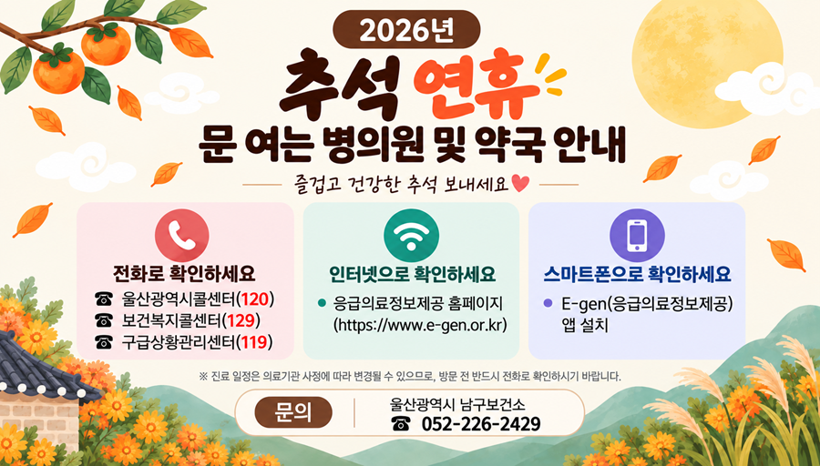 추석 연휴 문여는 의료기관 및 약국 현황 안내드립니다.

1. 응급실 : 울산병원, 중앙병원, 좋은삼정병원, 굿모닝병원, 울산제일병원 / 공공심야약국: 2개소(주약국, 가람약국)
2. 기타 병의원 및 약국 운영현황 붙임파일 참고 (엑셀파일)
3. 응급의료포털 E-Gen 홈페이지 : https://www.e-gen.or.kr 검색가능
※ 운영시간이 변동될 수 있으므로 반드시 사전에 전화 확인 후 방문하여 주시기 바랍니다.
4. 추석 연휴 응급의료 이용 가이드 홍보물을 함께 첨부드리오니 참고하시기 바랍니다.


★ 추석 연휴기간 보건소 진료일정 ★
9.24.(목) : 동구보건소
9.25.(금) : 동구보건소
9.26.(토) : 북구보건소