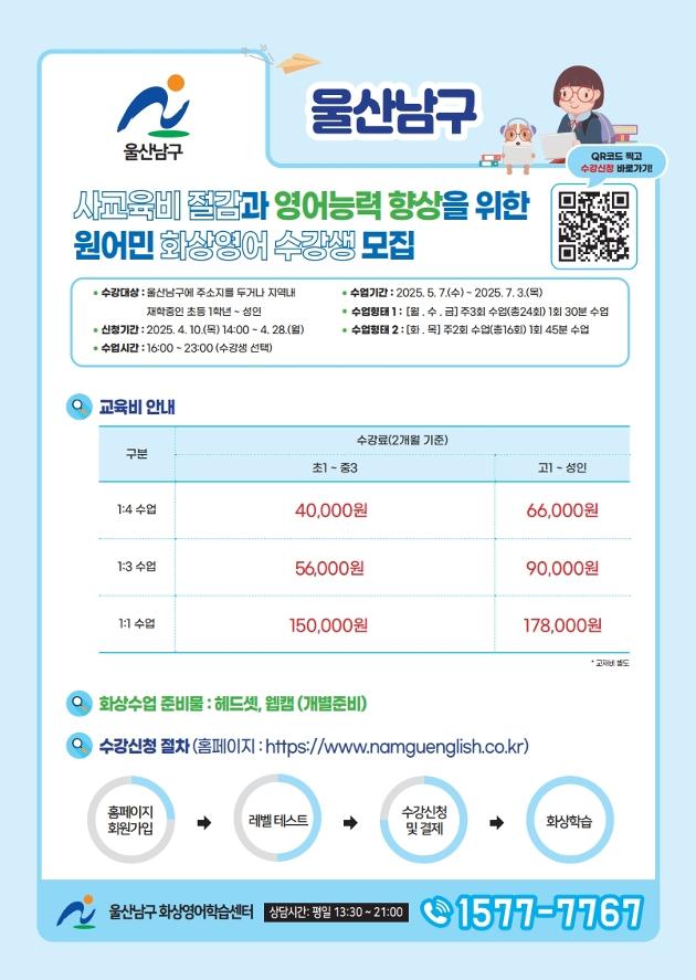 사교육비 절감과 영어능력 향상을 위한 원어민 화상영어 수강생 모집

○ 수강대상: 울산남구에 주소를 두거나 지역 내 재학중인 초등 1학년~성인
○ 신청기간: 2025.4.10.(목) 14:00~4.28.(월)
