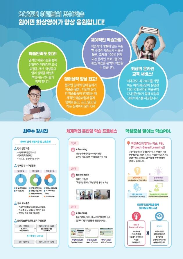 사교육비 절감과 영어능력 향상을 위한 원어민 화상영어 수강생 모집

○ 수강대상: 울산남구에 주소를 두거나 지역 내 재학중인 초등 1학년~성인
○ 신청기간: 2025.4.10.(목) 14:00~4.28.(월)
