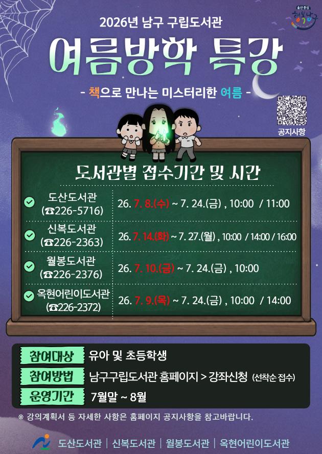  * 모집기간 
도산도서관(☎226-5716)
7. 8.(수) ~ 7. 24.(금)
신복도서관(☎226-2363)
7. 14.(화) ~ 7. 27.(월)
월봉도서관(☎226-2376)
7. 10.(금) ~ 7. 24.(금)
옥현어린이도서관(☎226-2372)
7. 9.(목) ~ 7. 24.(금)
 * 운영기간: 2026. 7. 25.(토) ~ 8. 30.(일)
 * 모집대상: 유아 및 초등학생 362명 
 * 신청방법: 울산 남구 구립도서관 홈페이지 선착순 접수 
 * 운영내용:‘추리·미스터리’북큐레이션 포함, 총 28개 프로그램
 * 수 강 료: 무료(단, 재료비는 별도) 