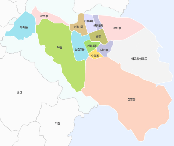 남구행정관내도 - 무거동, 삼호동, 옥동, 신정1동, 신정2동, 신정3동, 신정4동, 신정5동, 달동, 삼산동, 대현동, 수암동, 야음장생포동, 선암동